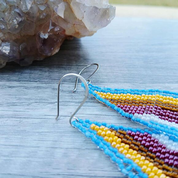 Retro Beaded Fringe Cascade Dangle Earrings, Boho Statement Artisan, 3.5" - Picture 6 of 7